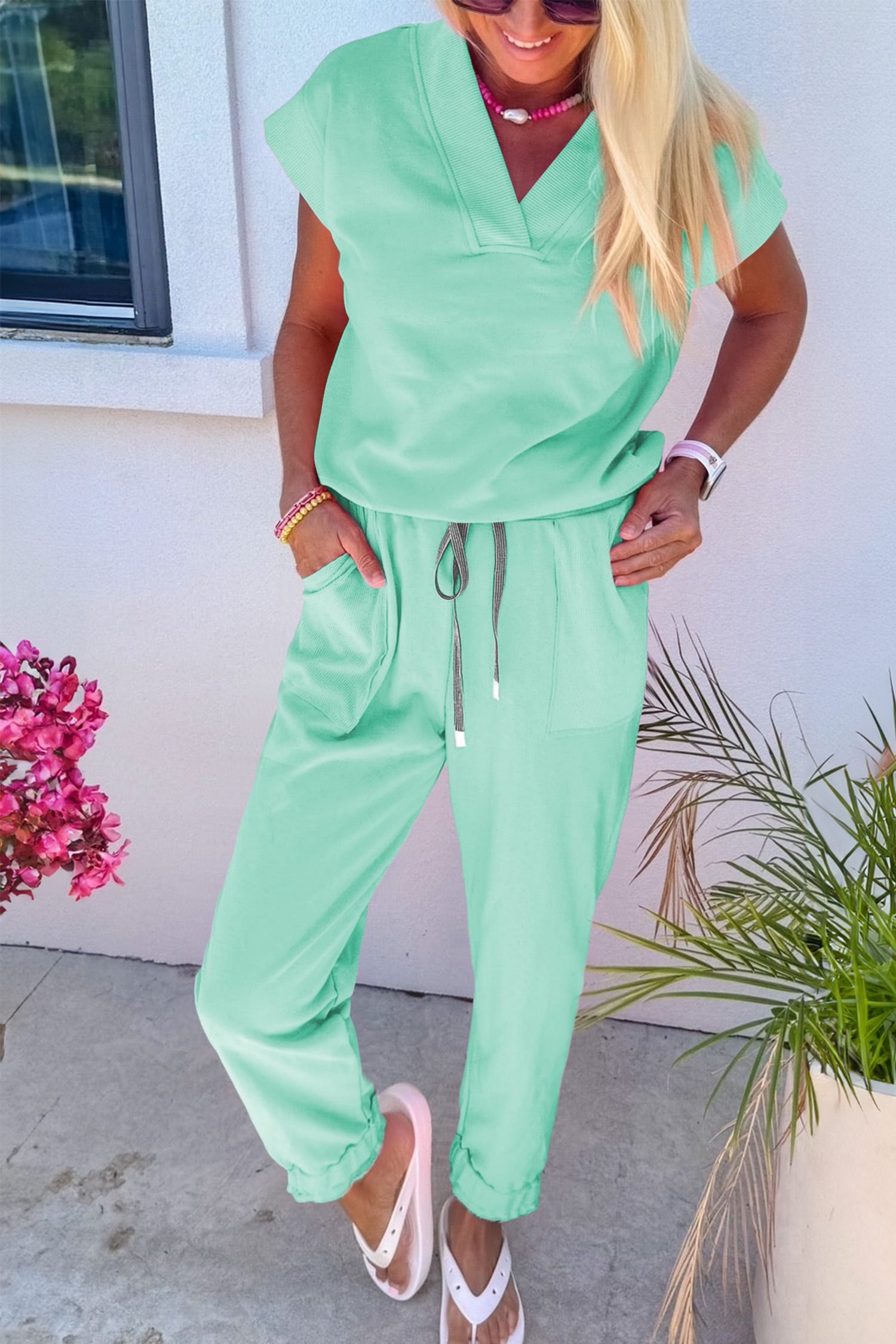 Mint Green Solid Color V Neck Tee Drawstring Pant Set - Image 2