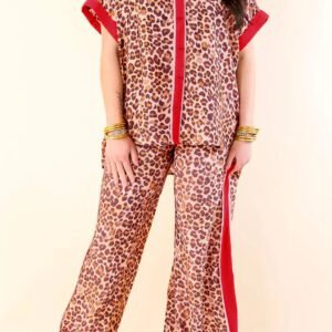 Brown Contrast Trim Leopard Top and Pant Set