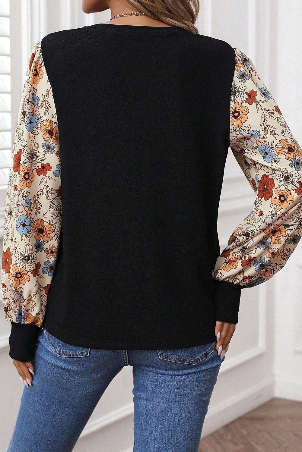 Apricot Flower Puff Sleeve Patchwork Top - Image 2