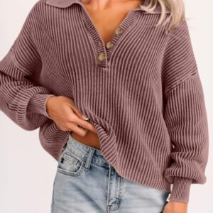 Dark Brown Mineral Washed Knit Button Polo Collar Loose Sweater