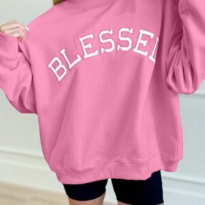 Bright Pink Oversize Blessed Embroidered Mock Neck Sweatshirt