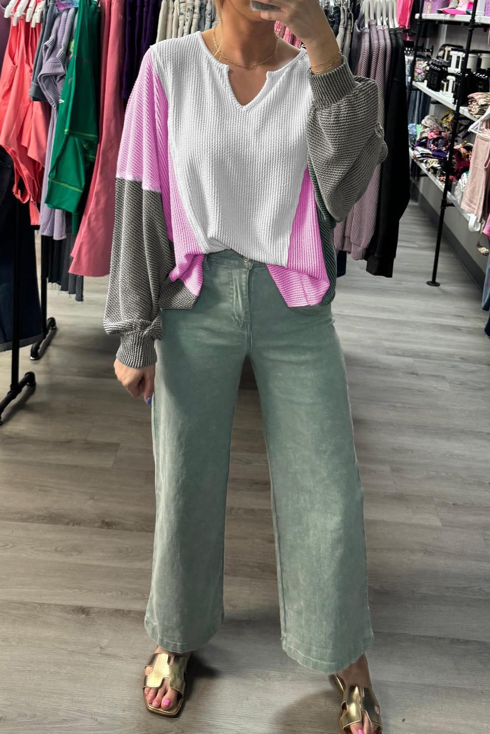 White Spiral Ribbed Raw Seam Color Block Patchwork Long Sleeve Top