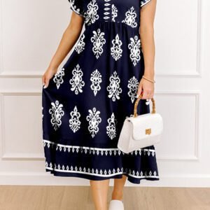 Blue Western Ethnic Print Notched Neck Short Sleeve Midi Dress