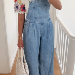 Dusk Blue Pleated Wide Leg Retro Pocketed Denim Jumpsuit