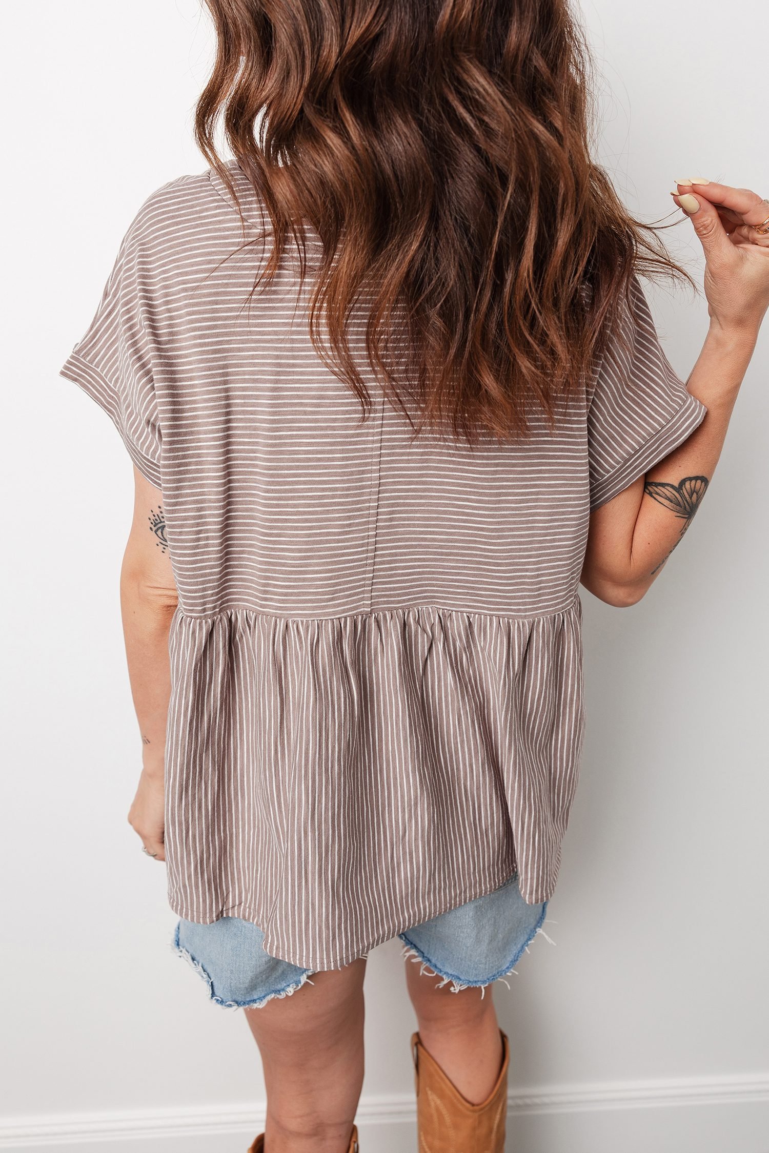 Khaki Stripe Buttoned V Neck High Low Side Slit T Shirt
