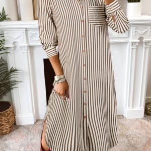 Brown Stripe Textured 3/4 Sleeve Round Hem Split Midi Shirt Dress