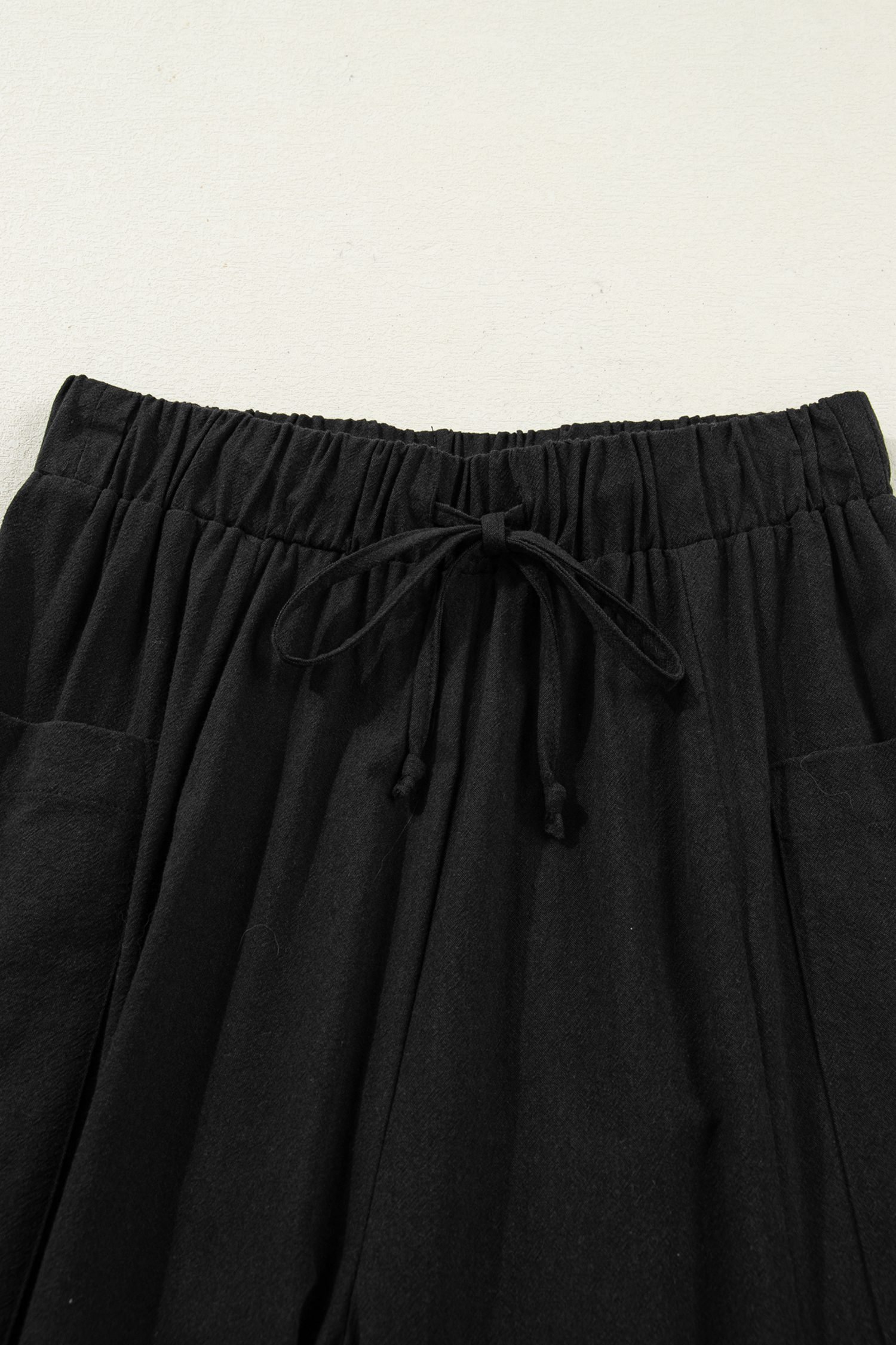 Black Drawstring Elastic Waist Patch Pocket Barrel Leg Casual Pants - Image 9