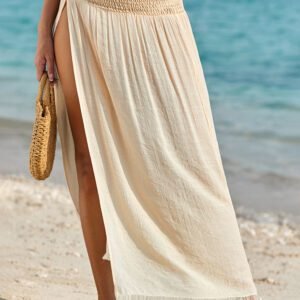 Beige Shirred High Waist Split Long Beach Skirt