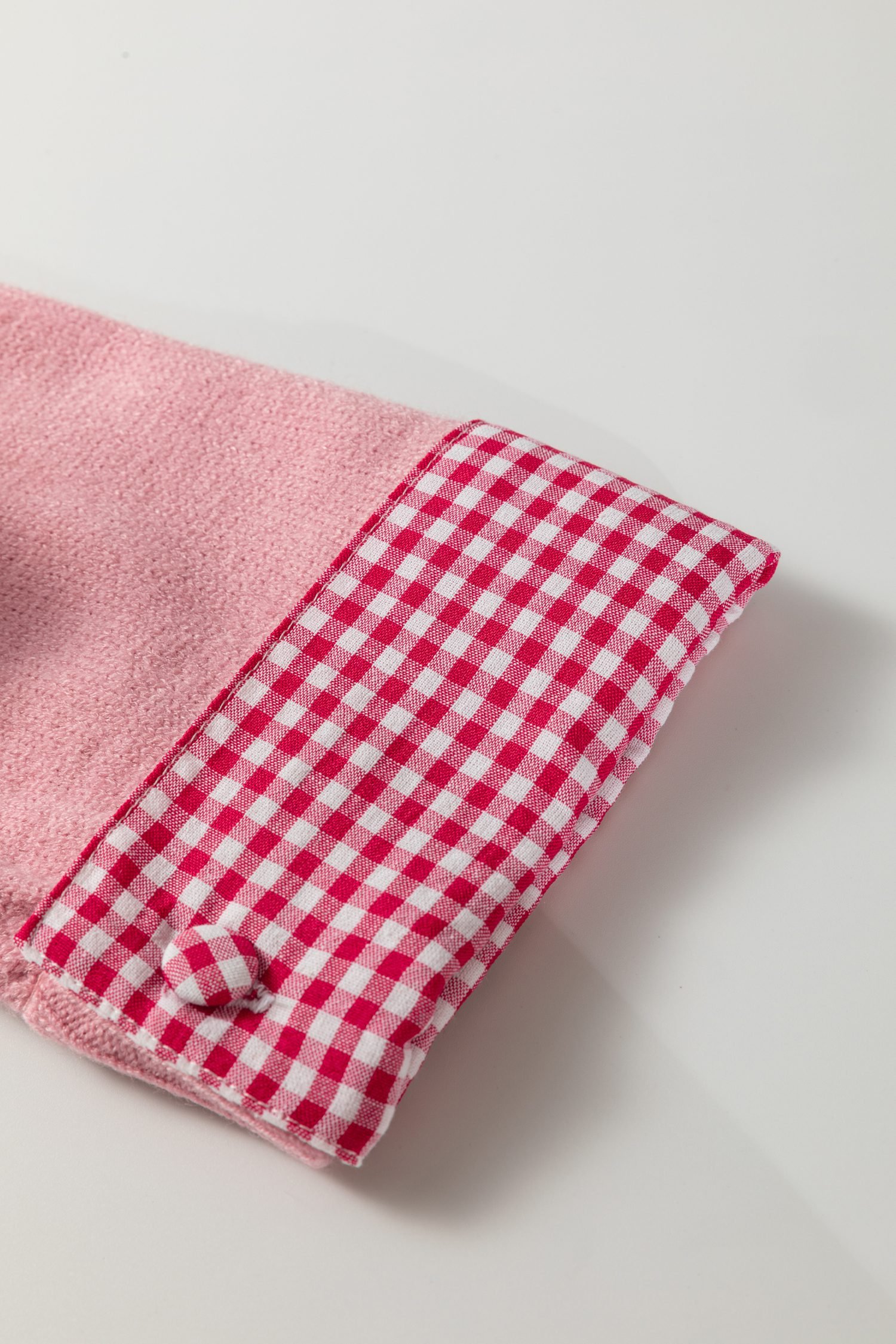 Light Pink Plaid Heart Embroidered Cuffed Drop Shoulder Crew Neck Sweater