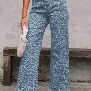 Sky Blue Leopard Frayed Edge Wide Leg High Waist Jeans