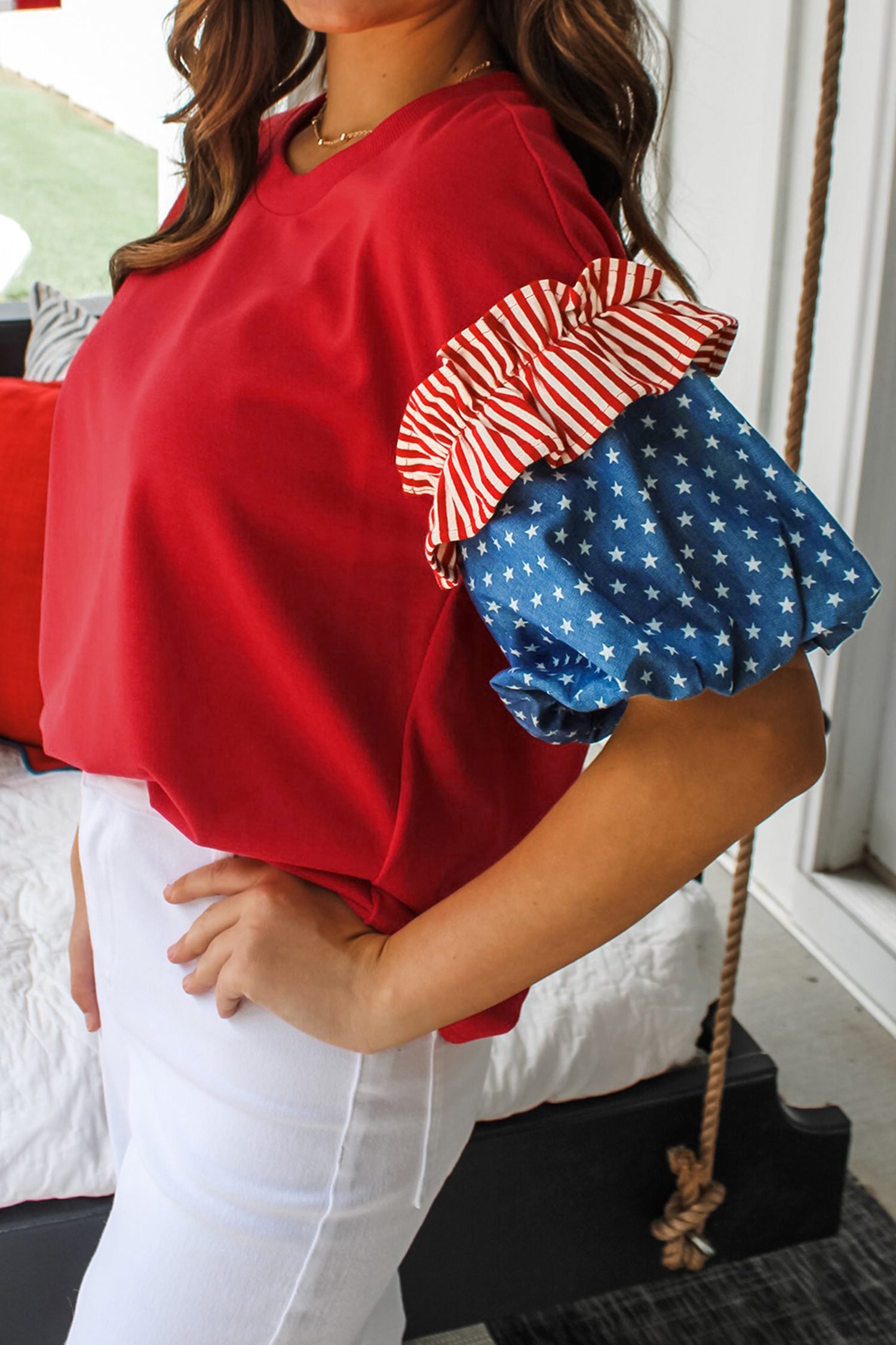 Fiery Red Stars Stripes Short Puff Sleeve Top - Image 2