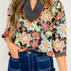 Black Contrast Ricrac Trim Striped Edge Patchwork Floral Print Blouse