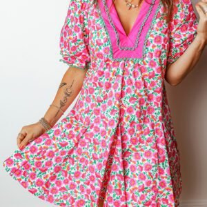 Pink Floral Print V Neck Patchwork Short Bubble Sleeve Mini Dress