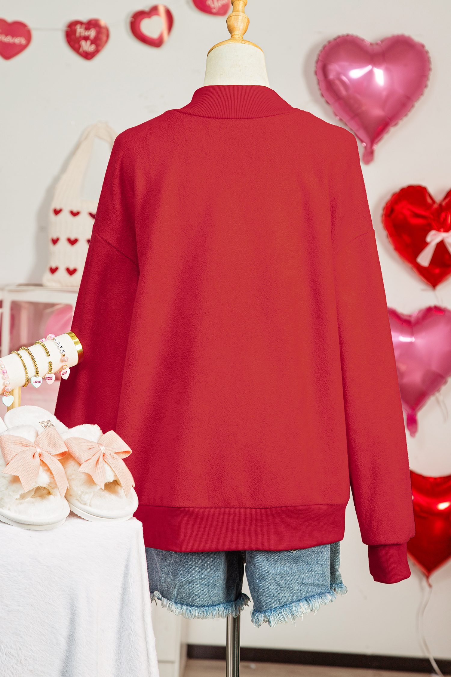 Racing Red Valentines Day Heart Love Script Reversible Printed Double Wear Mock Neck Sweatshirt