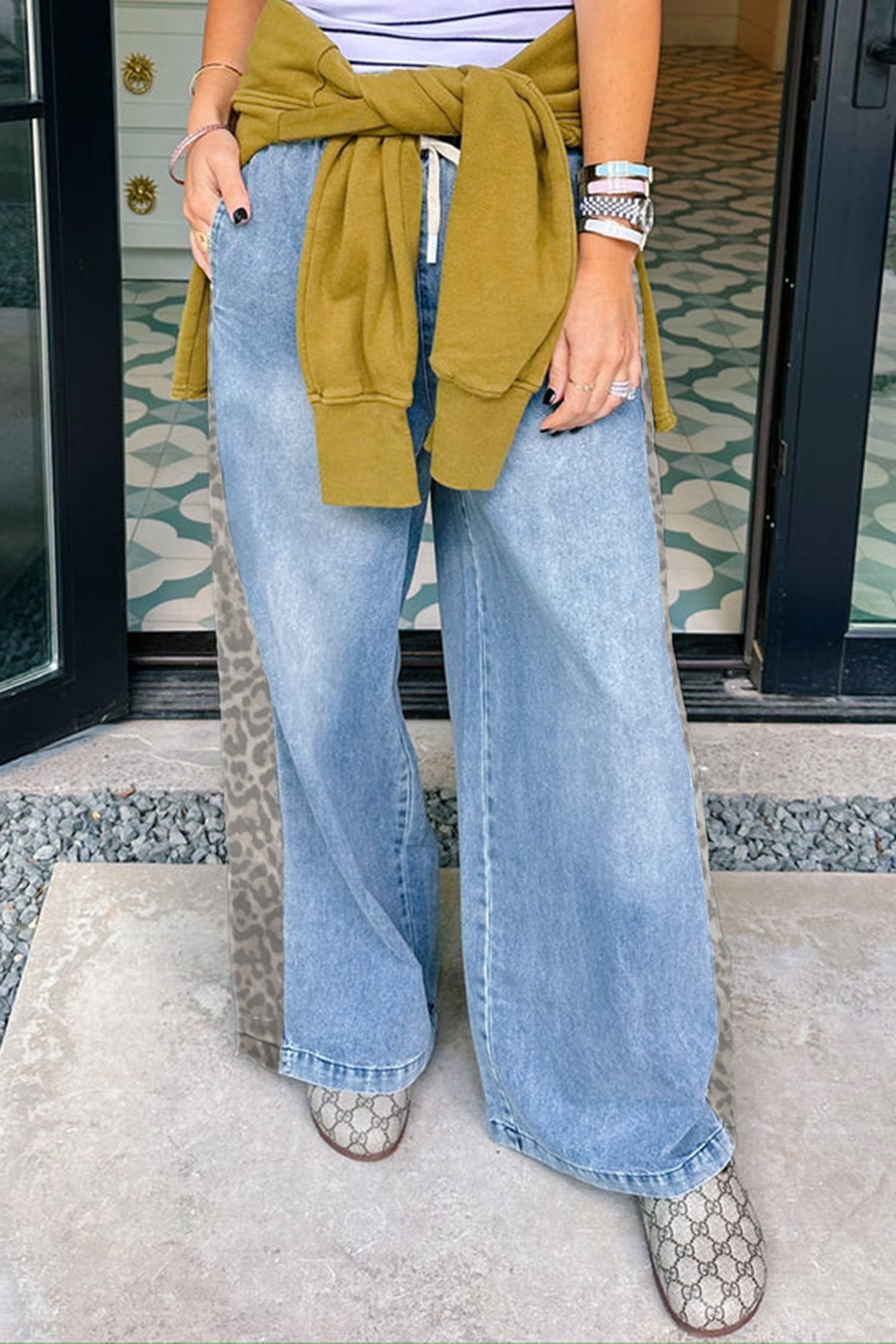 Beau Blue Drawstring Elastic Waist Leopard Striped Side Panel Wide Leg Jeans - Image 8