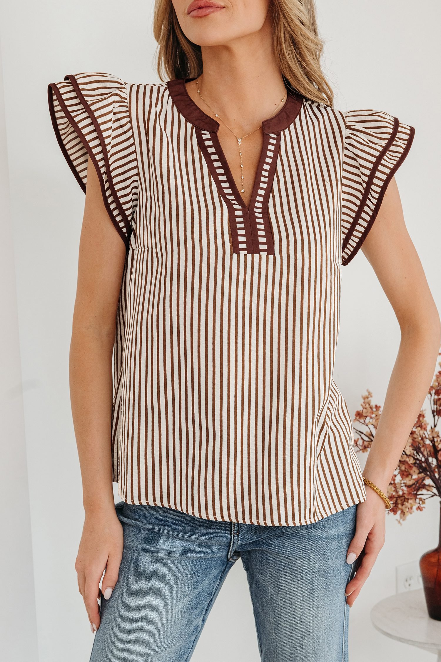 Khaki Stripe Double Ruffled Short Sleeve V Neck Blouse - Image 8