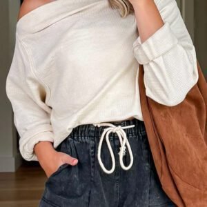 Beige Solid Color Waffle Knit Asymmetric Neck Long Sleeve Top