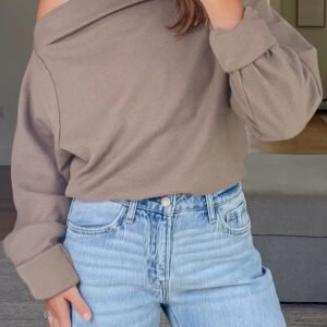 Old Rose Solid Color Waffle Knit Asymmetric Neck Long Sleeve Top