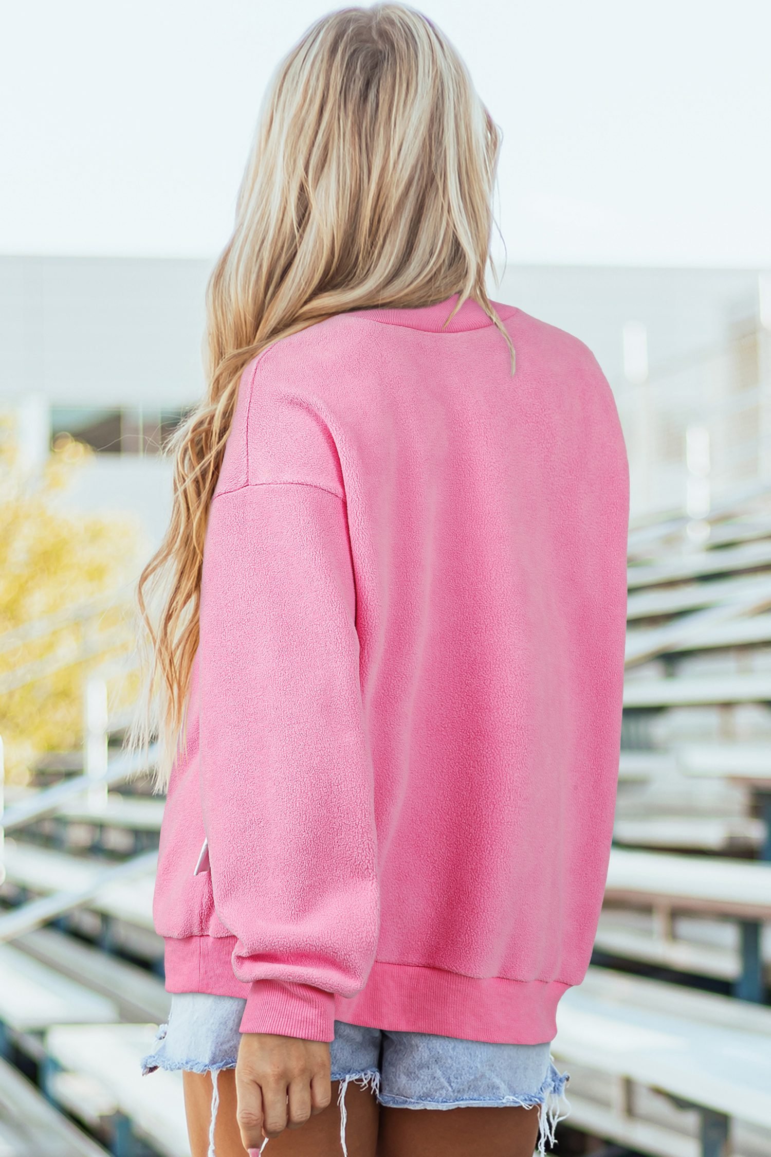 Bright Pink Oversize Drop Shoulder Reversible Mock Neck Sweatshirt - Image 3