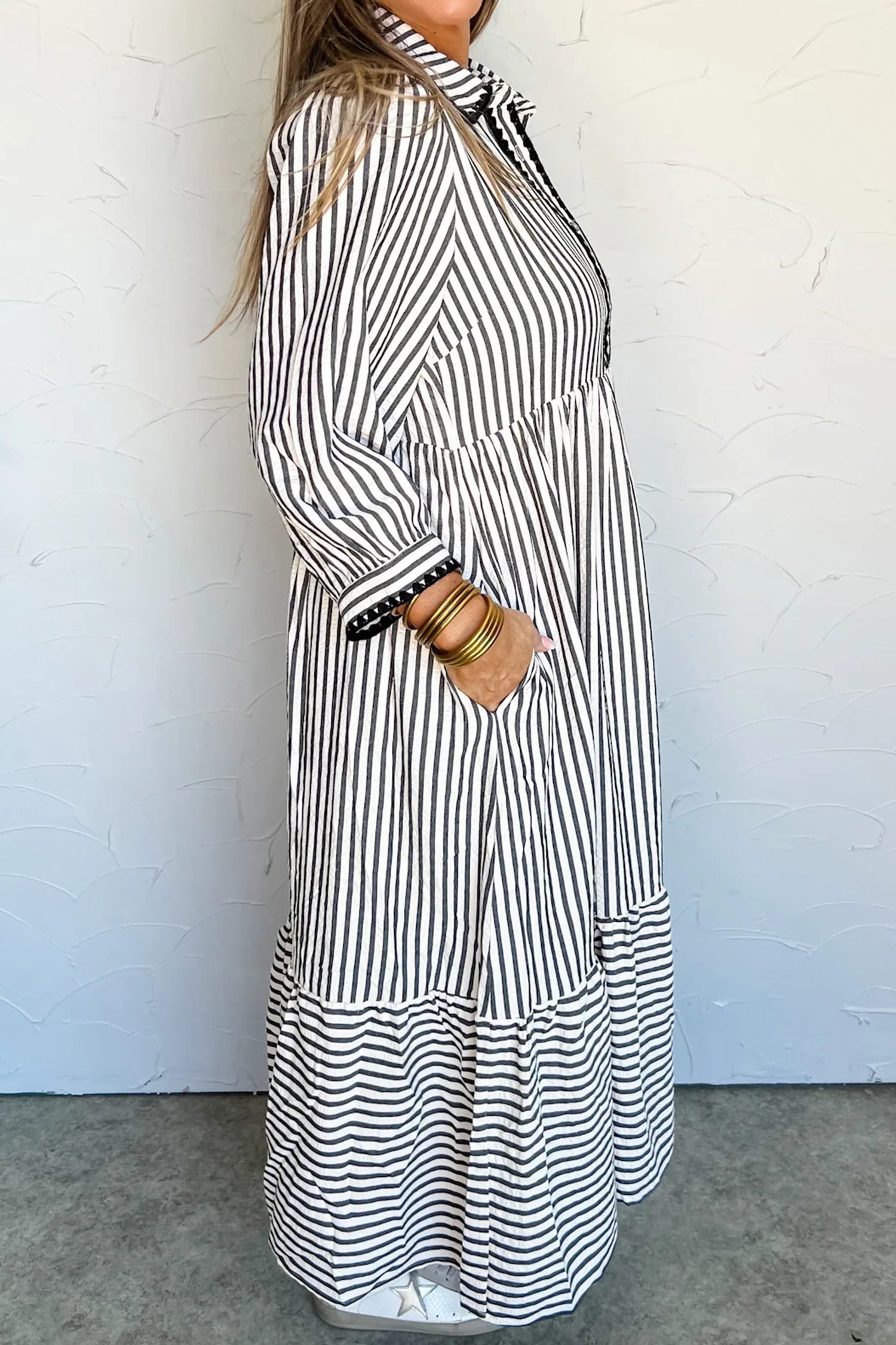 Black Stripe Scallop Trim Shirt Collar Half Button 3/4 Sleeve Long Dress - Image 2