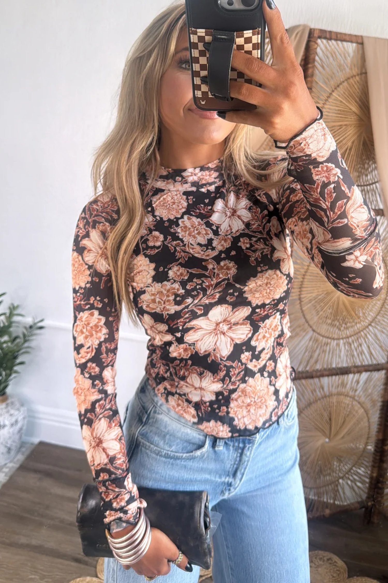 Black Floral Print Mesh Mock Neck Long Sleeve Top - Image 9