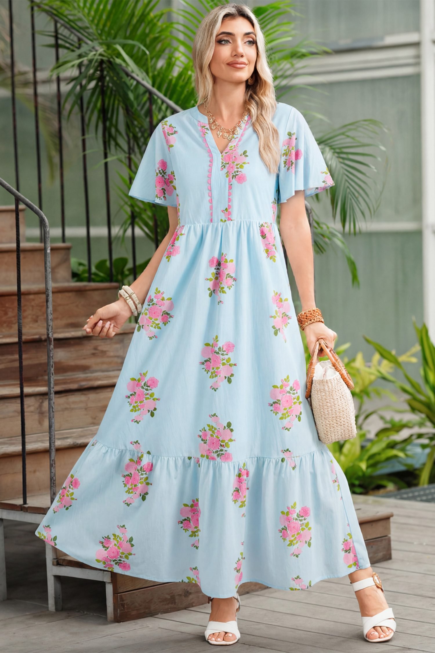Sky Blue Notched Neck Flutter Short Sleeve Floral Print Maxi Dress