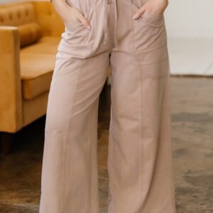 Smoke Gray Solid Color Mineral Wash Piping Trim Pocketed Wide Leg Pants