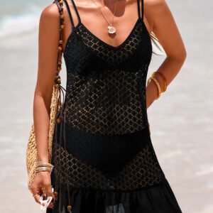 Black See Through Patterned Knit Ruffle Hem Patchwork Beach Cover Up