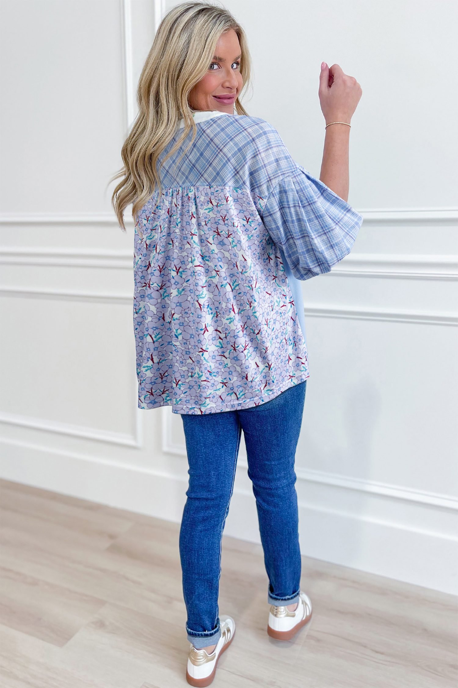 Beau Blue Color Block Plaid Bubble Sleeve Patchwork Blouse - Image 2