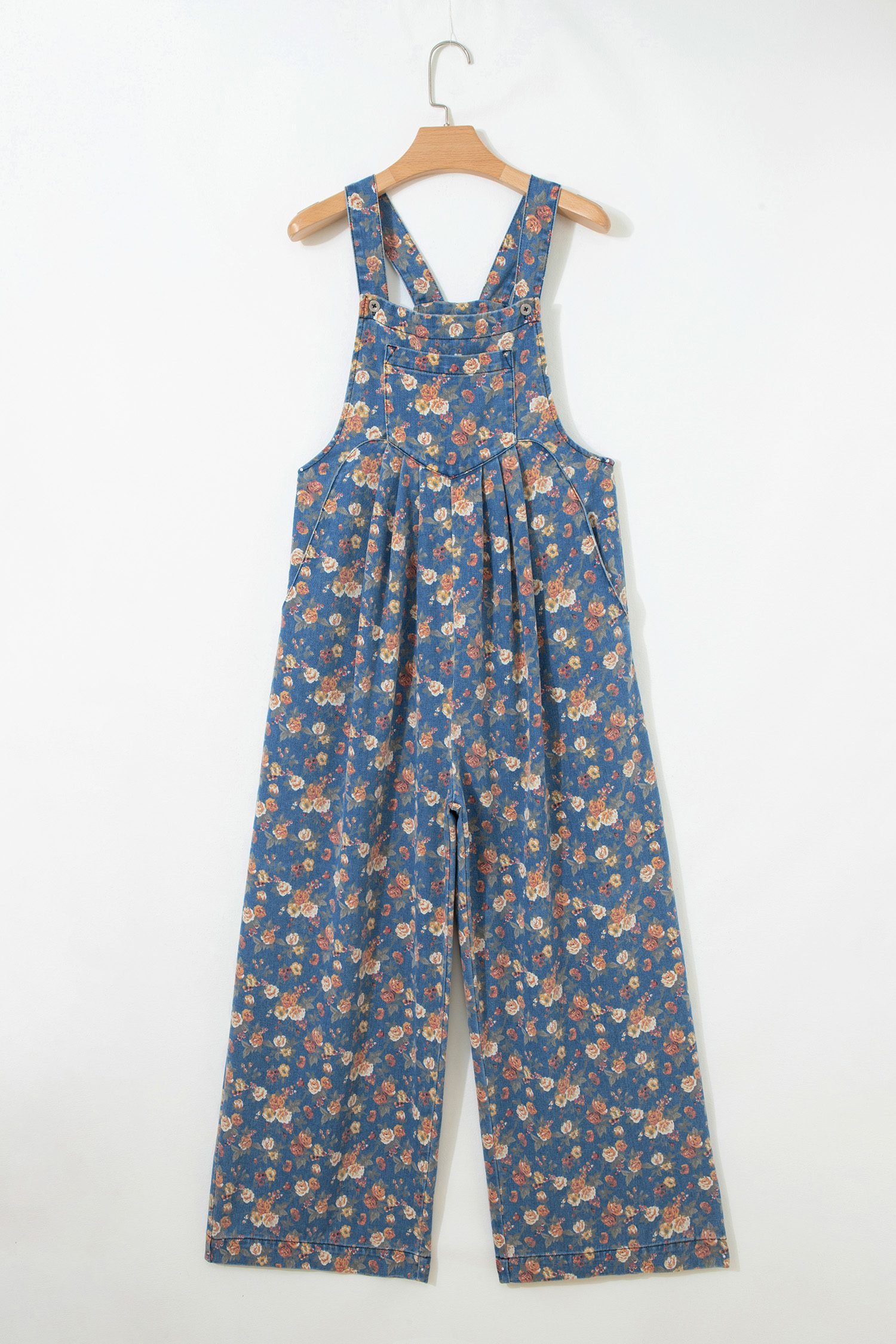 Blue Vintage Rose Printed Pleated Loose Denim Overall Jumpsuit