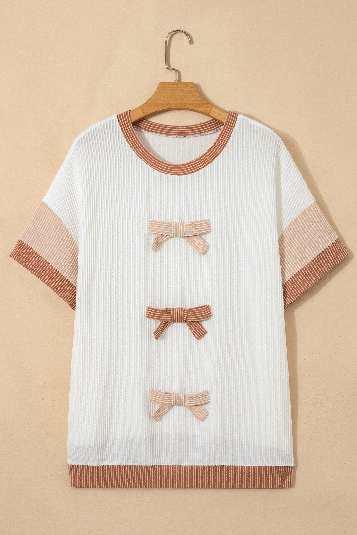 Apricot Bowknot Applique Plus Size Ribbed Top - Image 4