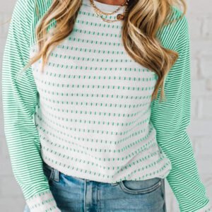 Green Stripe Raglan Patchwork Long Sleeve Tee