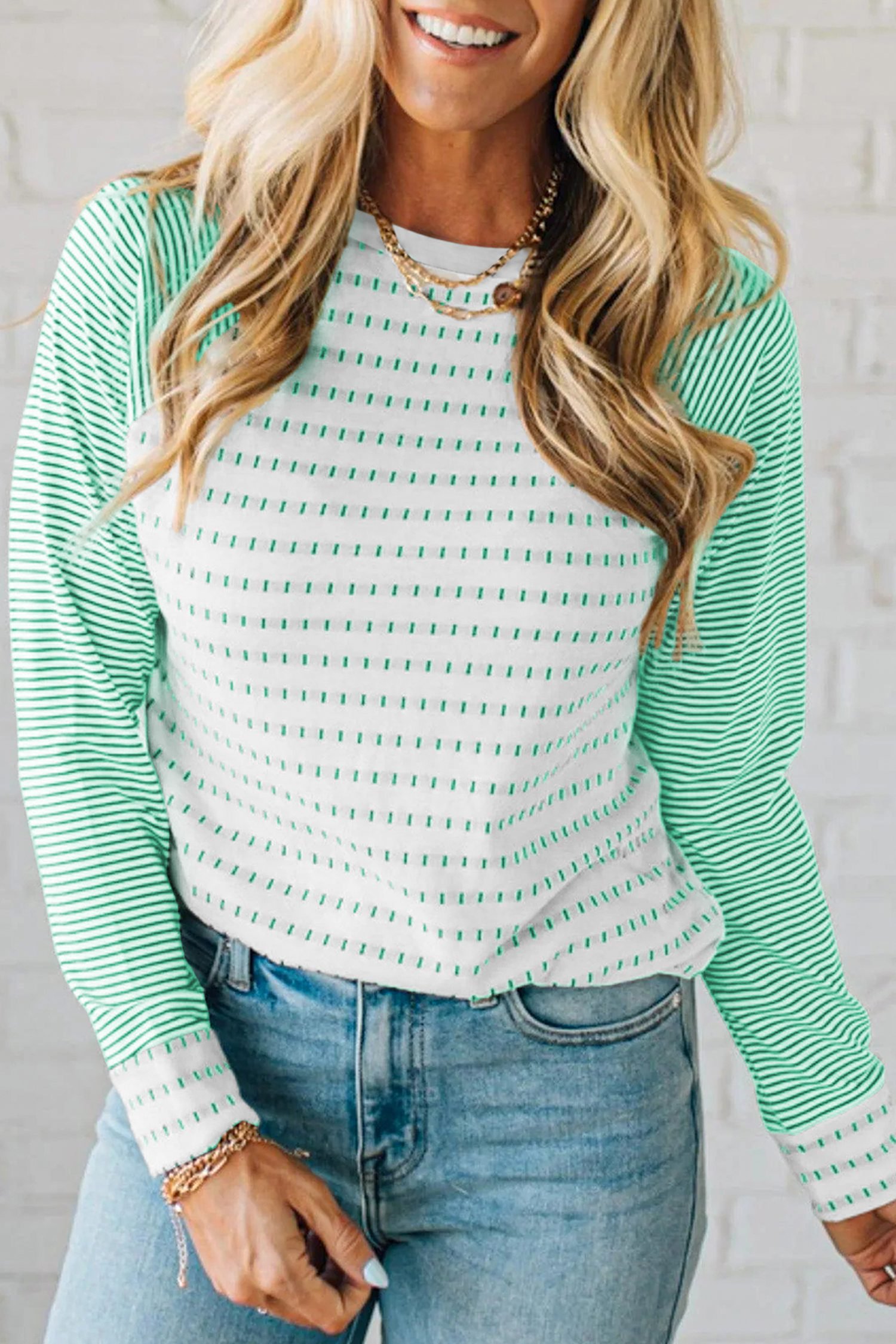 Green Stripe Raglan Patchwork Long Sleeve Tee