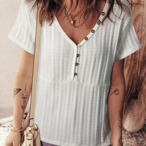White Solid Color Textured Button V Neck Raw Seam Henley Tee