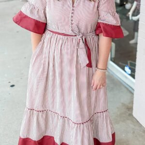 Red Stripe Plus Size Ruffled Hem Pinstriped Midi Dress