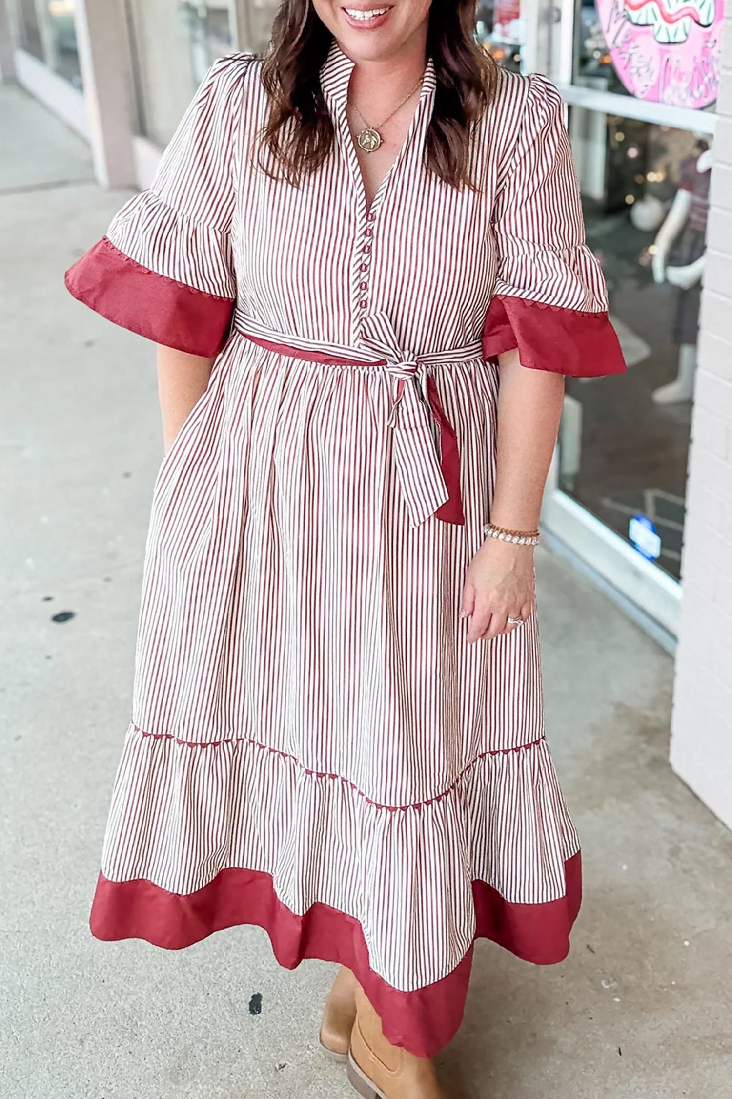 Red Stripe Plus Size Ruffled Hem Pinstriped Midi Dress