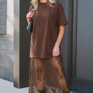 Red Sandalwood Floral Patchwork Short Sleeve T Shirt Loose Maxi Dress