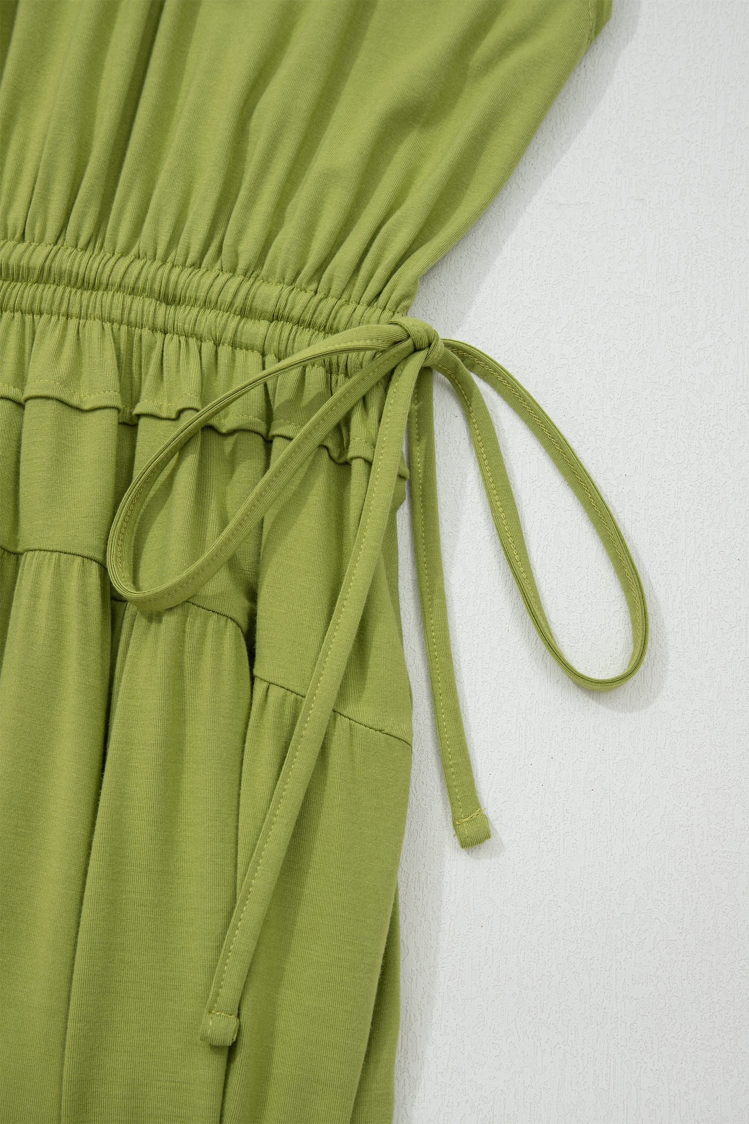 Fern Green Solid V Neck Cap Sleeve Tunic Elastic Waist Versatile Maxi Dress