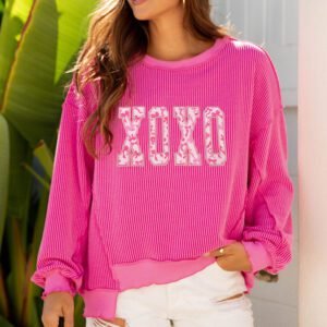 Strawberry Pink Twisted Ribbed Long Sleeve XOXO Bow Print Embroidered Patch Graphic Top