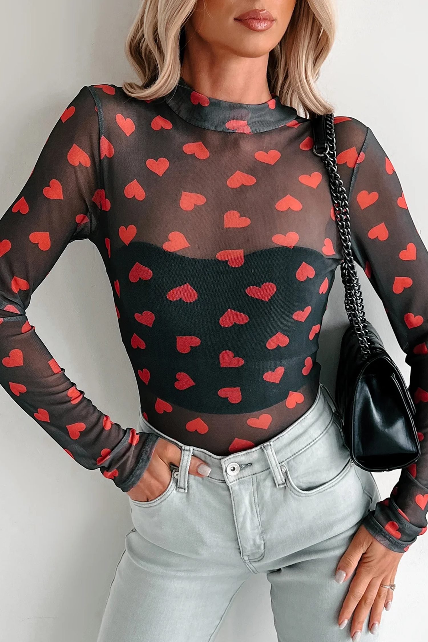 Black Valentines Heart Printed Sheer Mesh Long Sleeve Top - Image 5