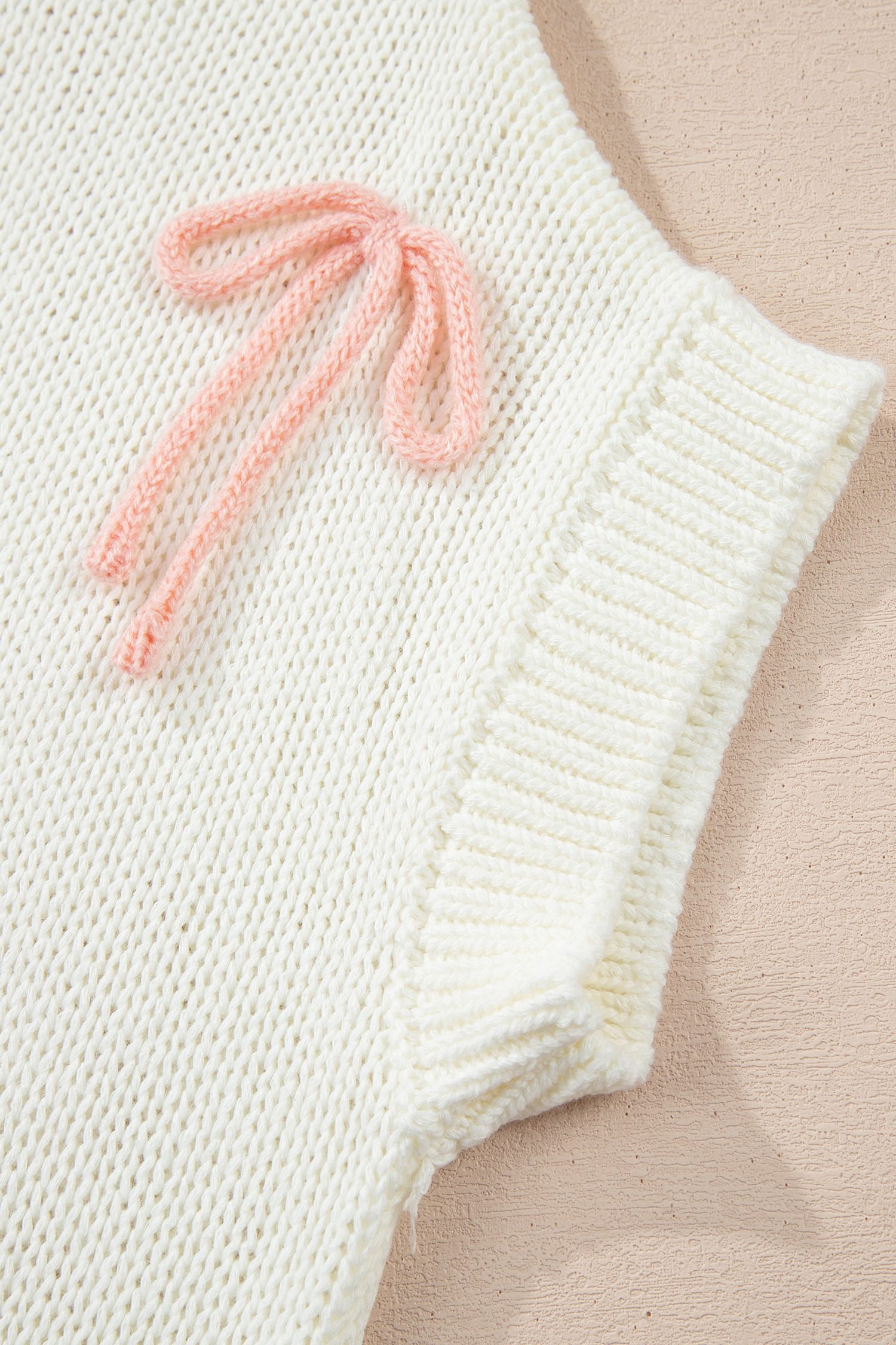 White Short Sleeve Knit Contrast Bow Knot Loose Sweater - Image 8