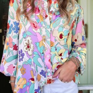 Pink Floral Print Patchwork Frilly Neckline Long Sleeve Shirt