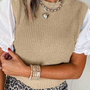 Light French Beige Round Neck Knit Contrast Short Sleeve Patchwork Sweater Top