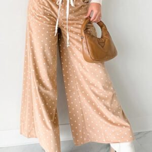 Khaki Polka Dot Print Drawstring Wide Leg Pants
