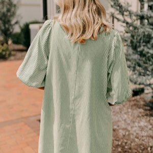 Green Stripe Color Block Patchwork Shirt Collar Button Down Puff Sleeve Mini Dress