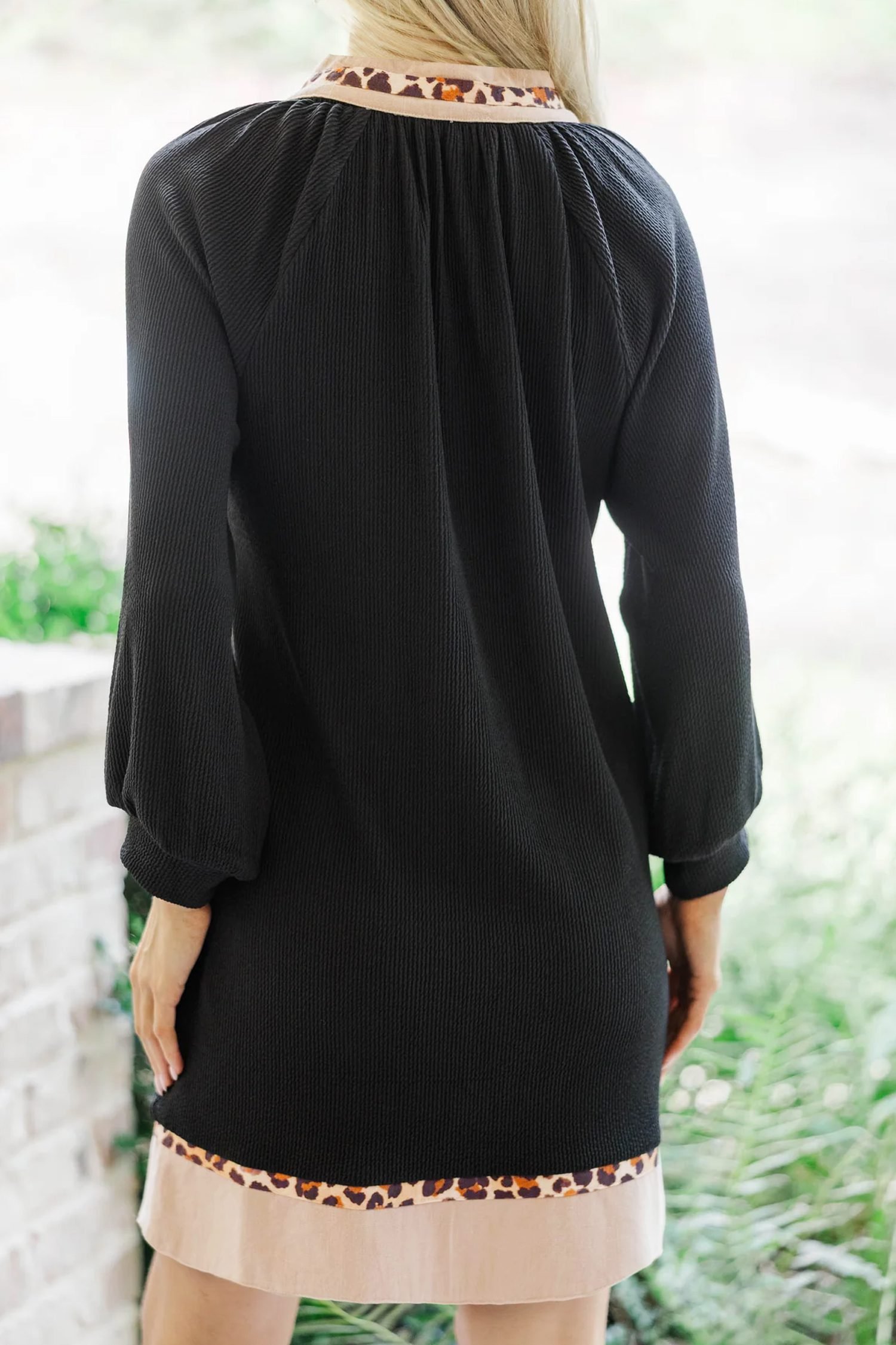 Black Contrast Color Block Leopard Trim Plus Size Ribbed Dress - Image 2