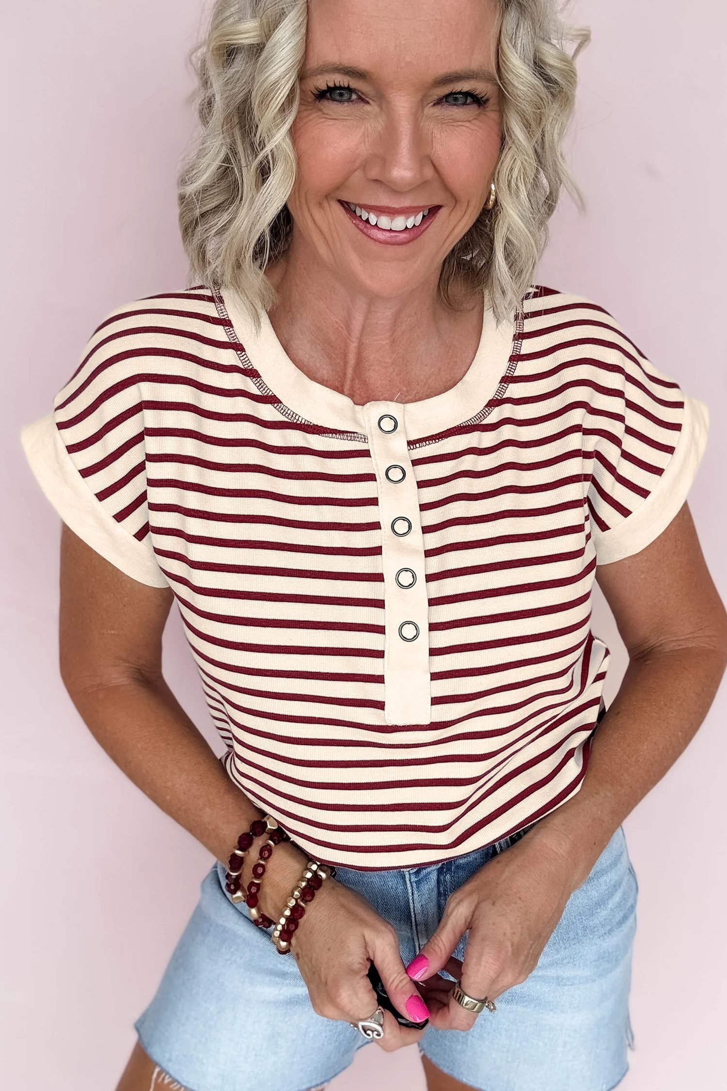 Red Stripe Half Buttons Round Neck T Shirt - Image 7