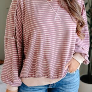Pink Stripe Exposed Stitching Patchwork Casual Long Sleeve Top