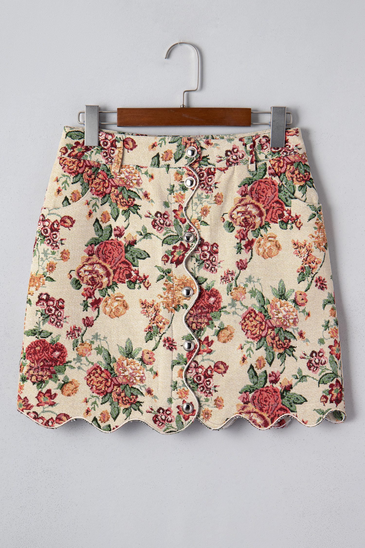 Apricot Buttoned Front Scalloped Trim Mini Jacquard Floral Skirt - Image 3