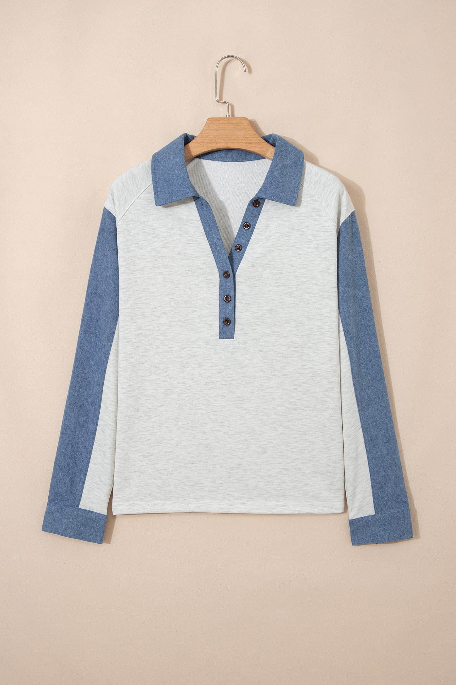 Light Grey Denim Patchwork Buttoned Polo Collar Long Sleeve Top - Image 3